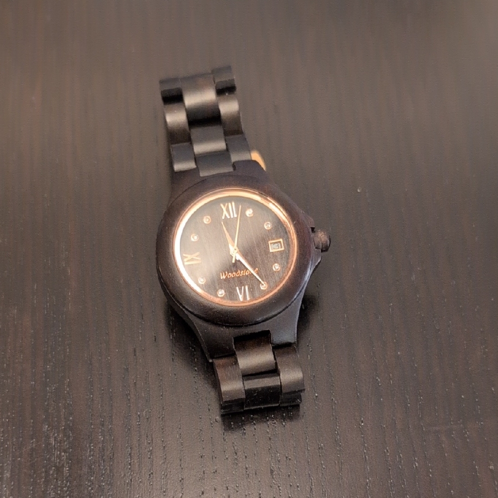 Woodstone Wood Dark Walnut Brown Watch with Roman Numerals & Rose Gold Accents